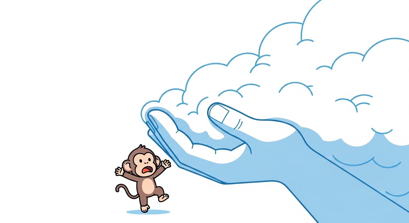 구름 속에서 나온 거대한 손의 도움을 받아 위로 올려지며 귀인의 도움을 받는 원숭이 캐릭터 일러스트