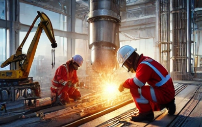 조선소에서 용접을 하고 있는 두사람