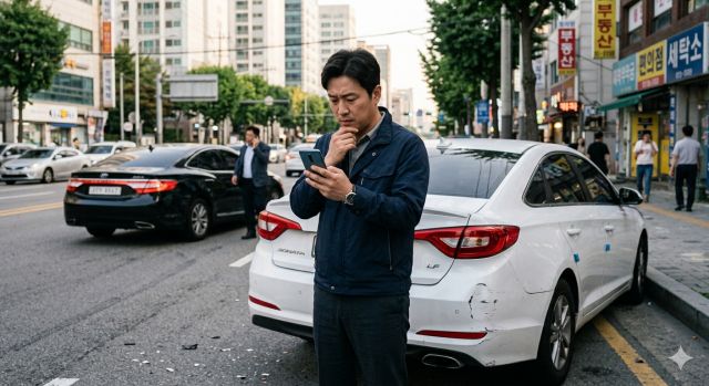 자동차 사고 후 보험료 할증 여부를 고민하는 운전자 상황