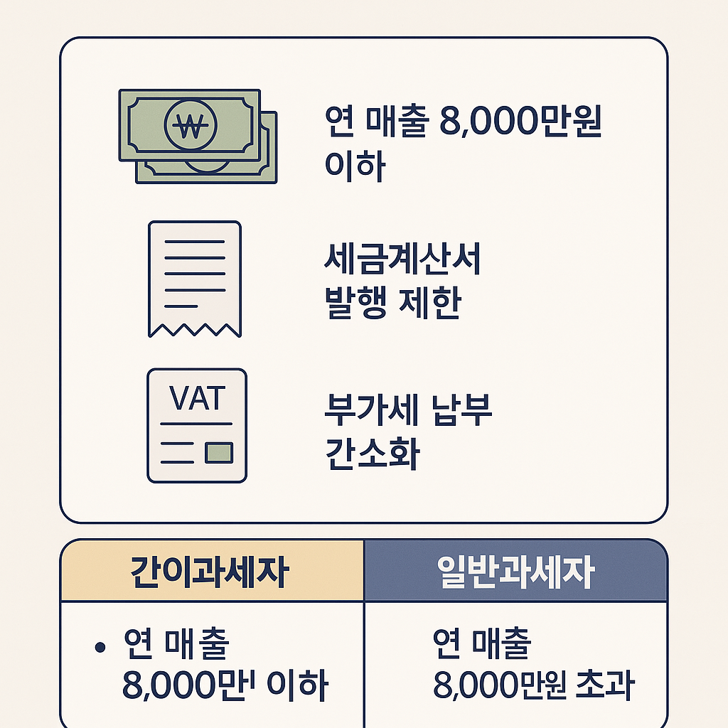 2025년 간이과세자 전환 조건과 일반과세자와의 주요 차이를 시각적으로 정리한 인포그래픽 – 연매출 기준, 부가세 처리 방식, 세금계산서 발행 여부 등을 포함