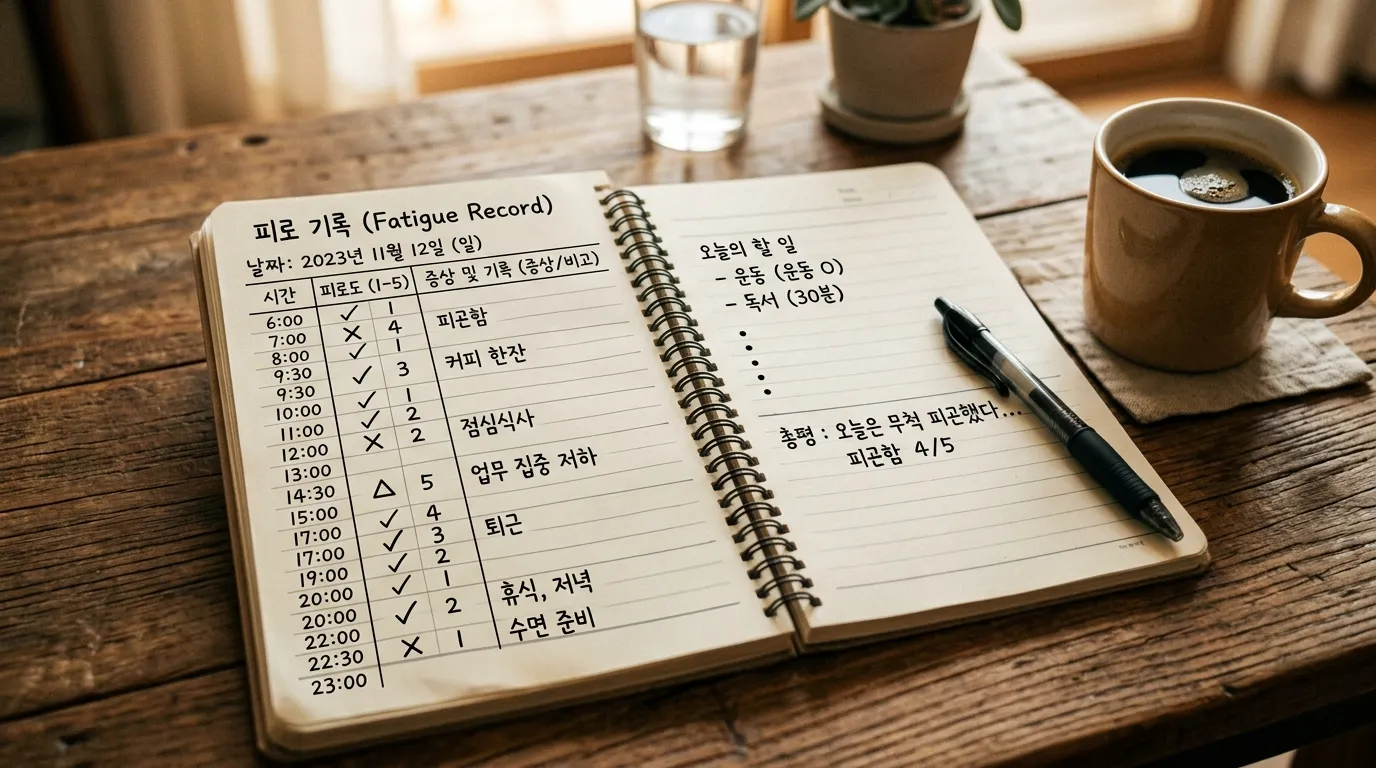 피로 패턴 자가 기록 노트와 펜