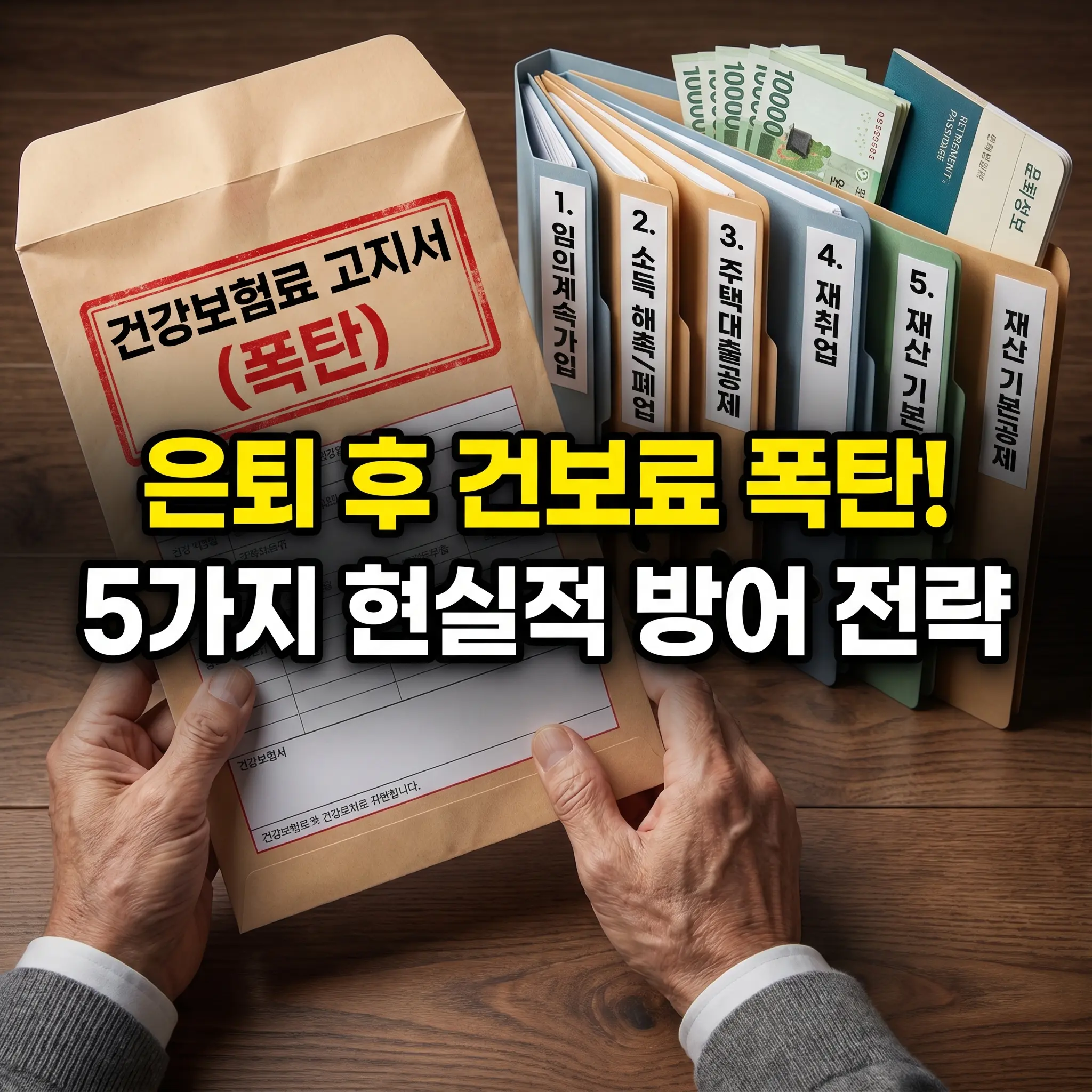 은퇴 후 건강보험료 부담을 줄이기 위한 5가지 현실적인 방어 전략을 설명하는 썸네일 이미지입니다. 한 은퇴자가 '건강보험료 고지서(폭탄)'라고 적힌 봉투를 들고 있으며, 그 옆에는 1. 임의계속가입, 2. 소득 해촉/폐업, 3. 주택대출공제, 4. 재취업, 5. 재산 기본공제라고 적힌 서류 폴더들이 나열되어 있습니다. 중앙에는 '은퇴 후 건보료 폭탄! 5가지 현실적 방어 전략'이라는 문구가 강조되어 있어 합법적인 건보료 절약 방법을 시각적으로 전달합니다.