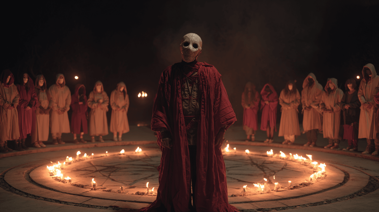 가면을-쓰고-있는-신도들과-중심에-있는-지도자