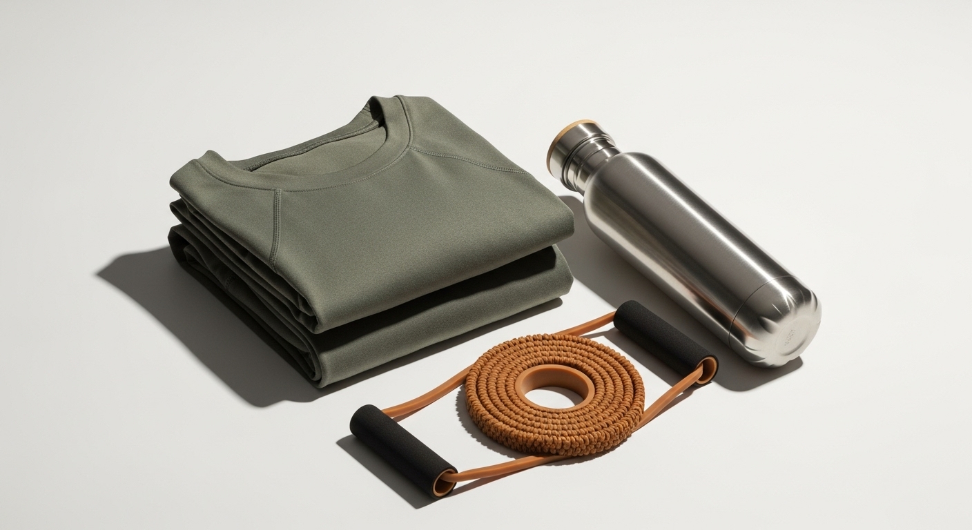 재활용 폴리에스터 운동복, 천연 고무 밴드, 스테인리스 물병 등 친환경 운동 용품들이 깔끔하게 정돈된 모습.