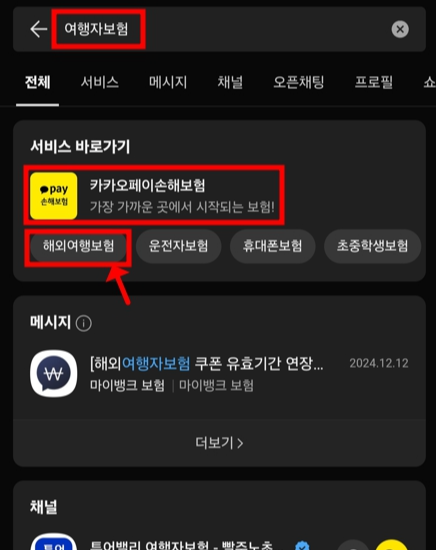 카카오톡 여행자보험 메뉴
