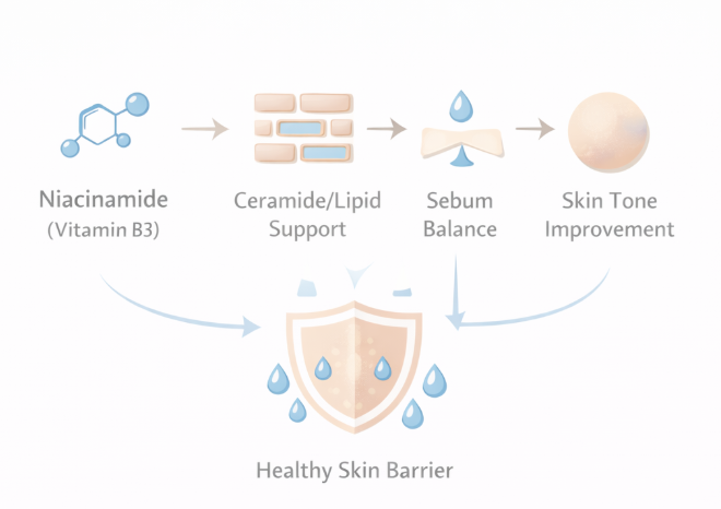 나이아신아마이드 작용 흐름을 보여주는 피부 장벽 인포그래픽