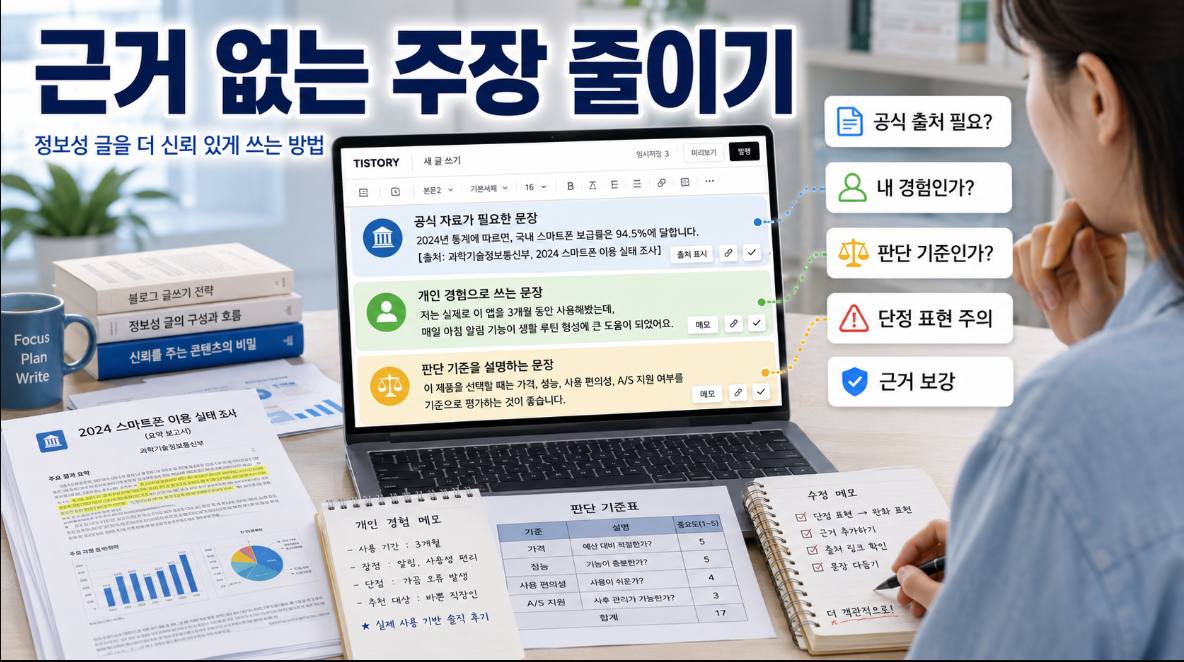 티스토리 블로거가 정보성 글에서 공식 출처 개인 경험 운영자 판단을 구분해 작성하는 과정을 보여주는 이미지