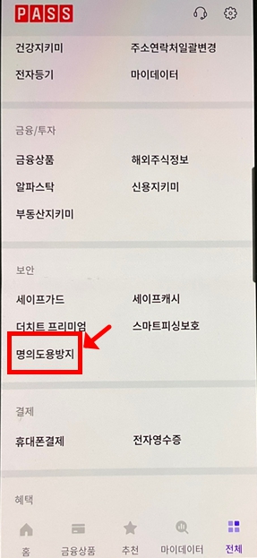 패스앱 명의도용방지 선택