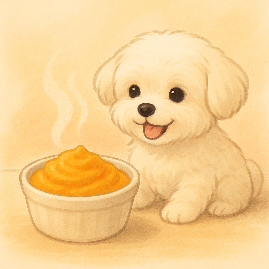 김이 모락모락 나는 따뜻한 고구마 푸딩이 담긴 세라믹 그릇 옆에서 말티즈가 행복하게 바라보는 모습