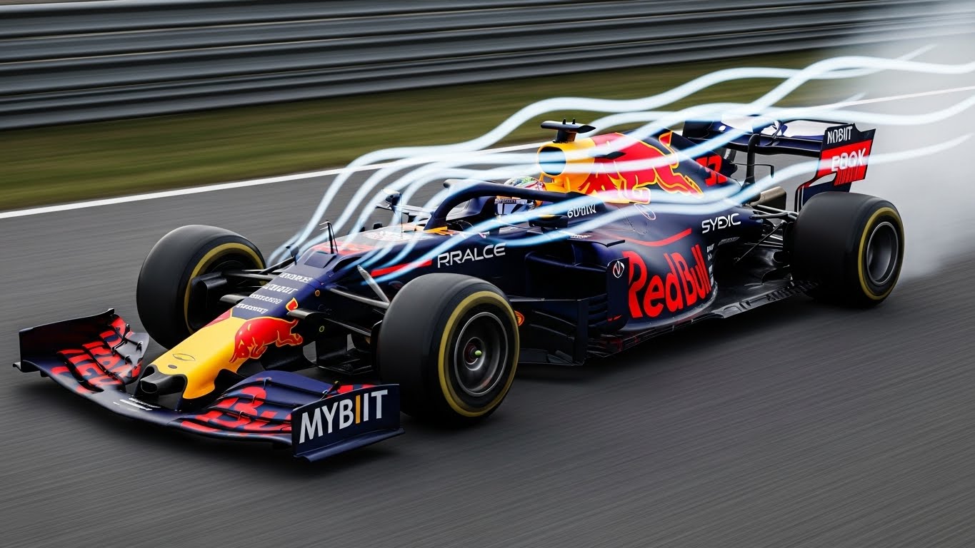 F1 레드불 레이싱 머신 공기역학 디자인과 압도적인 주행 성능을 보여주는 윈드 터널 시각화 이미지