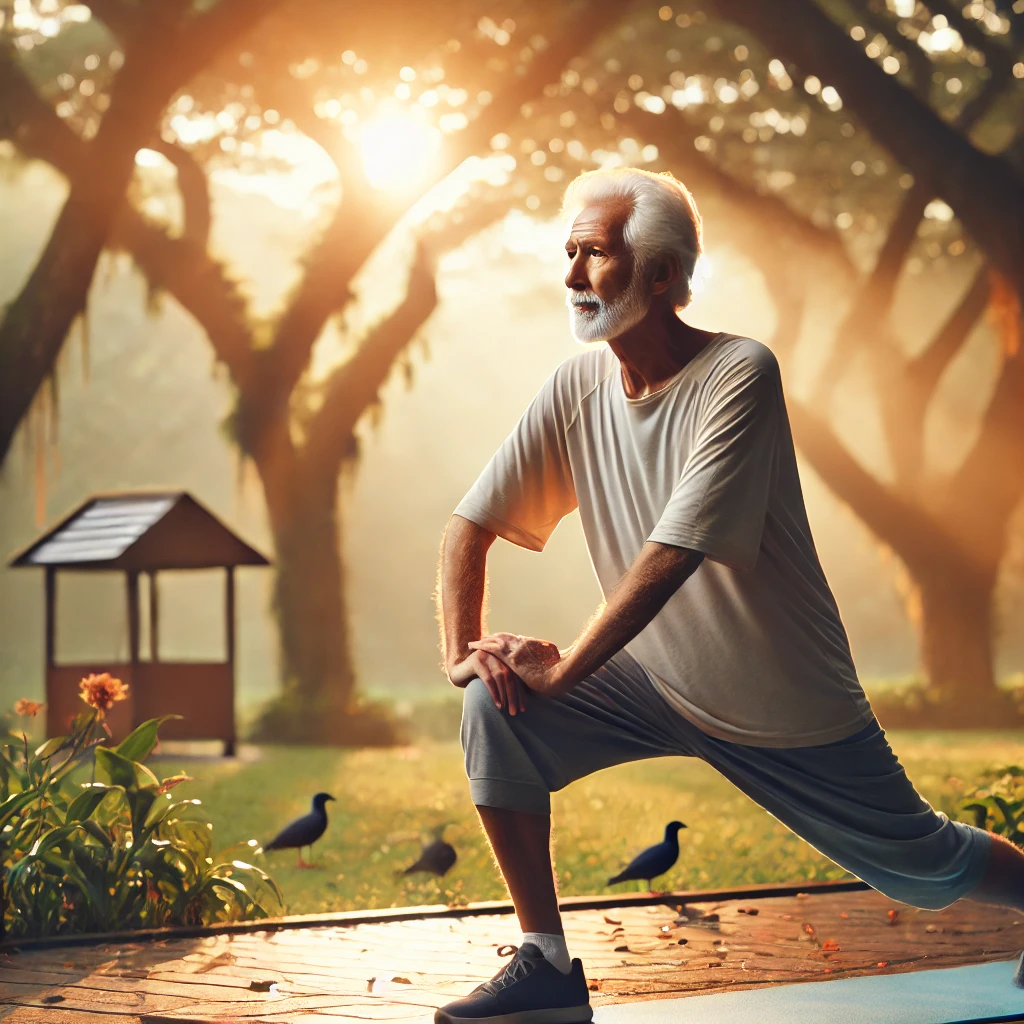 해가 떠오르는 공원에서 부드럽게 스트레칭을 하는 노인의 모습. 나무와 새들이 둘러싼 고요한 환경에서 부드러운 황금빛 햇살이 그의 차분한 표정을 강조함