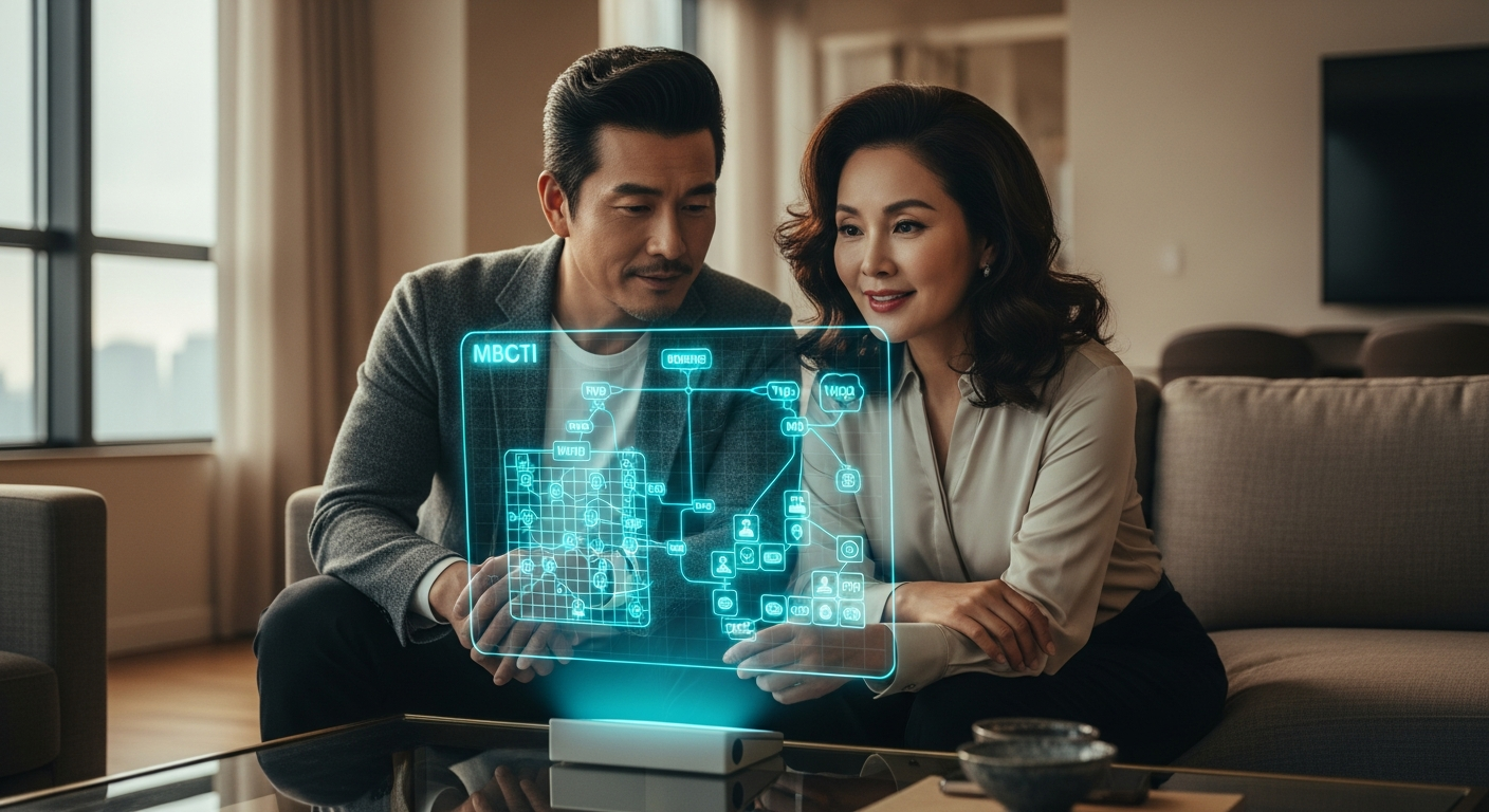 스마트폰과 태블릿을 통해 MBTI 성격 유형을 확인하며 서로 소통하는 시니어와 젊은 세대의 모습, 디지털 언어로서의 성격 검사 일러스트