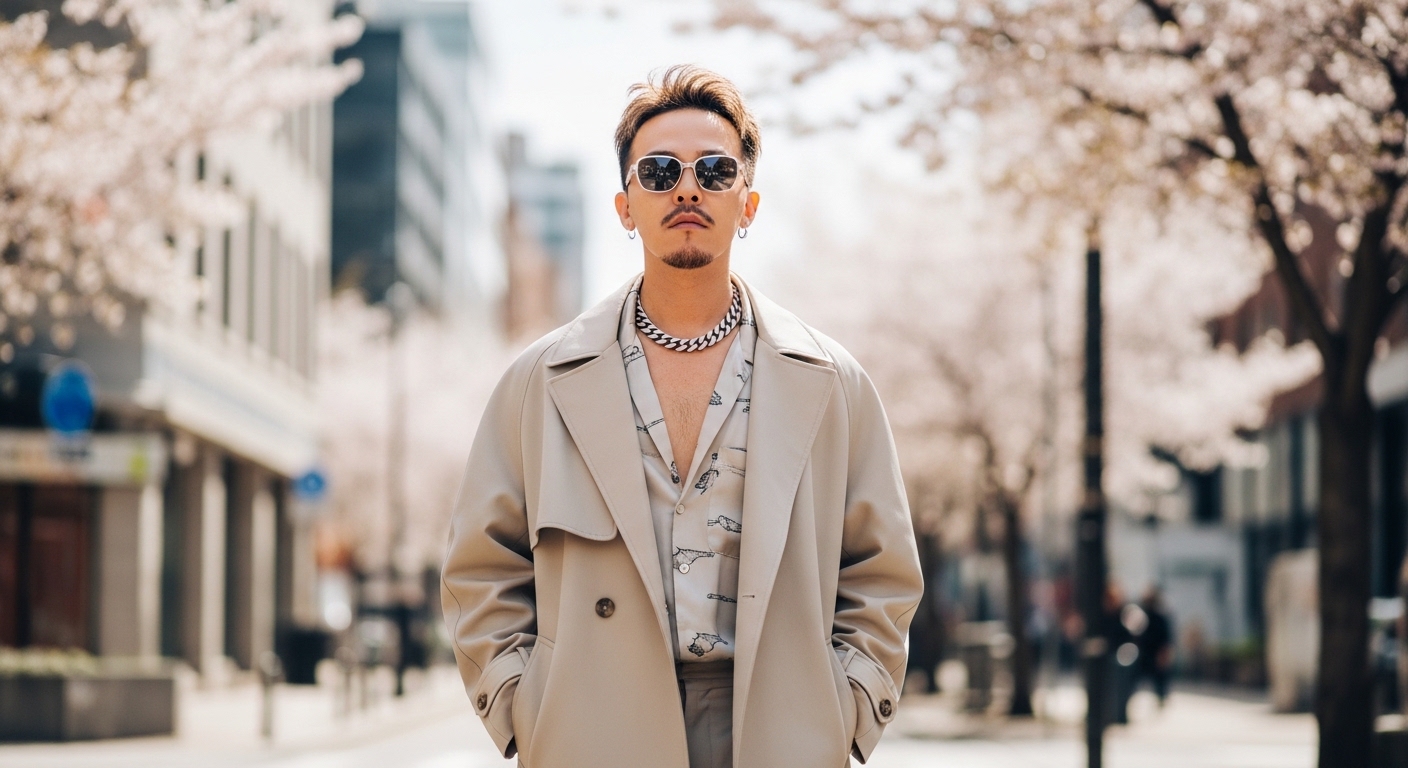 2026년 봄, 지드래곤 스타일의 오버사이즈 베이지 트렌치코트와 패턴 실크 셔츠를 레이어드하여 세련된 봄 패션을 선보이는 남성의 모습.