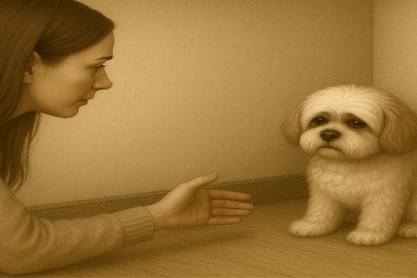 구석으로 천천히 걸어가며 방향 감각을 잃은 모습. (약간 흔들리거나 멍한 눈빛)

보호자가 뒤에서 다정하게 다가가며 손을 뻗으려는 듯한 모습