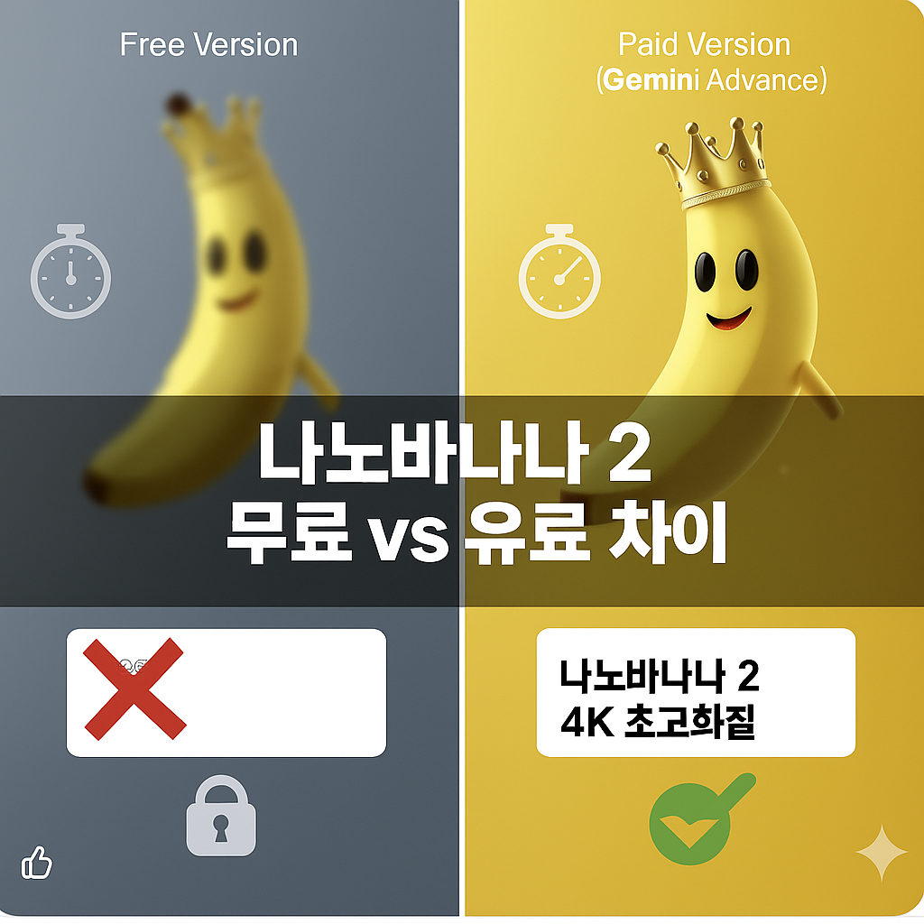 나노바나나 2 무료 vs 유료 차이를 비교한 이미지. 왼쪽은 흐릿한 무료 버전 바나나, 오른쪽은 선명한 유료 버전 바나나와 4K 초고화질 강조.