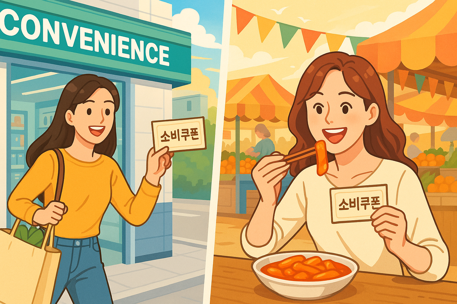왼쪽은 편의점에서 소비쿠폰을 사용하는 모습, 오른쪽은 먹거리 시장에서 소비쿠폰으로 떡뽁이를 사 먹는 모습을 표현한 일러스트