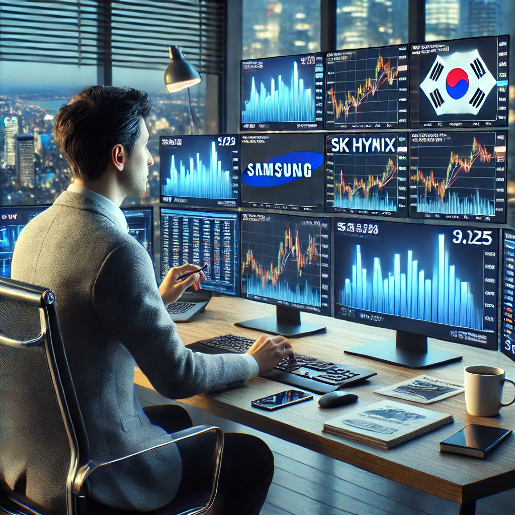 &quot;2025년 거래시간 연장된 한국 주식시장에서 개인 투자자가 집에서 다중 모니터로 실시간 주가 데이터를 분석하는 모습&quot;