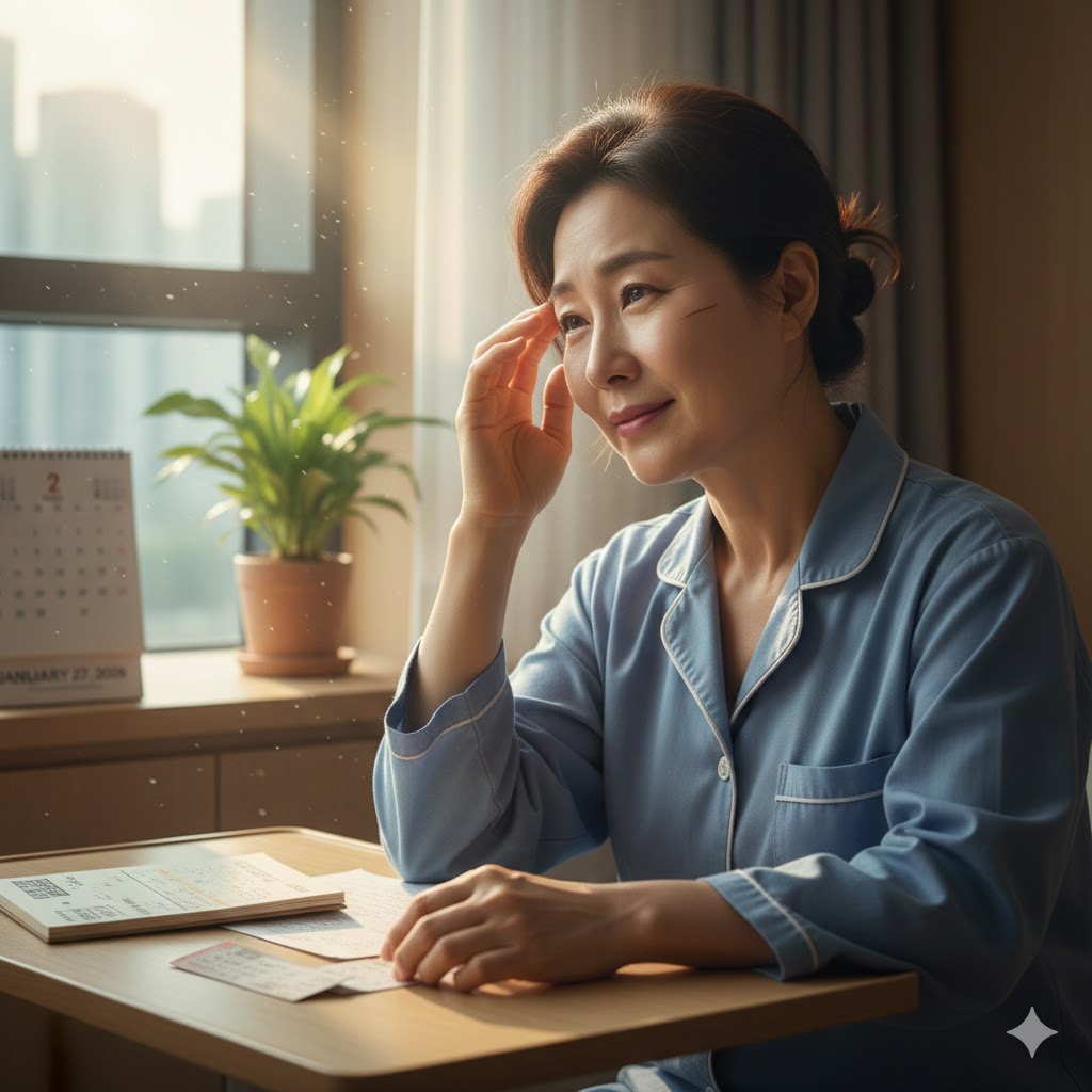 뇌수막종 투병 중 창가에서 기록을 남기며 회복 의지를 다지는 50대 여성의 평온한 모습