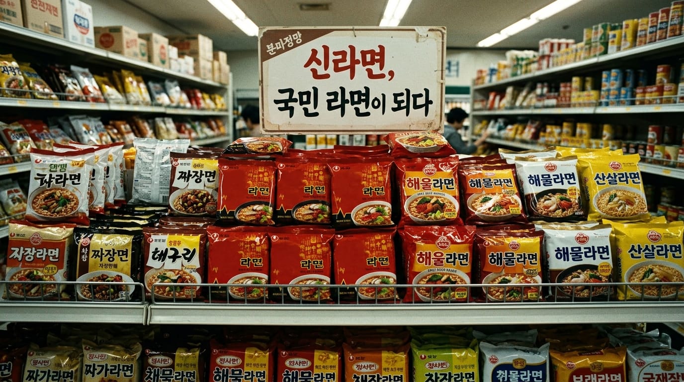 마트 라면 진열대에서 붉은 라면이 강조된 이미지