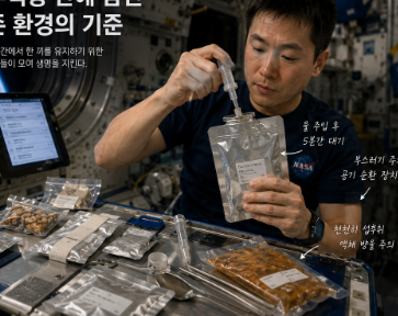 무중력 우주정거장 내부에서 우주비행사가 포장식품에 물을 주입하며 식사준비를 하는 모습