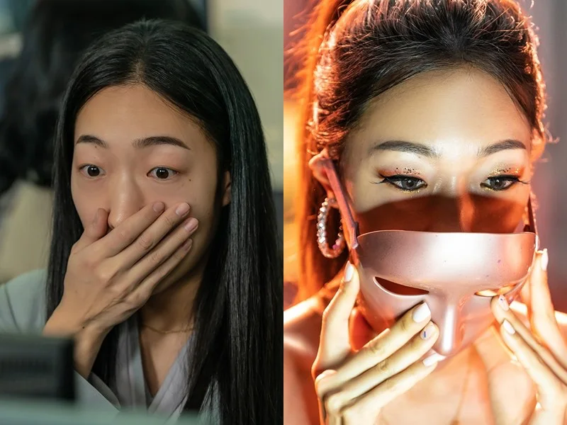 넷플릭스 드라마 마스크걸에서 회사원 김모미와 마스크걸 김모미 캐릭터를 연기하는 배우 이한별