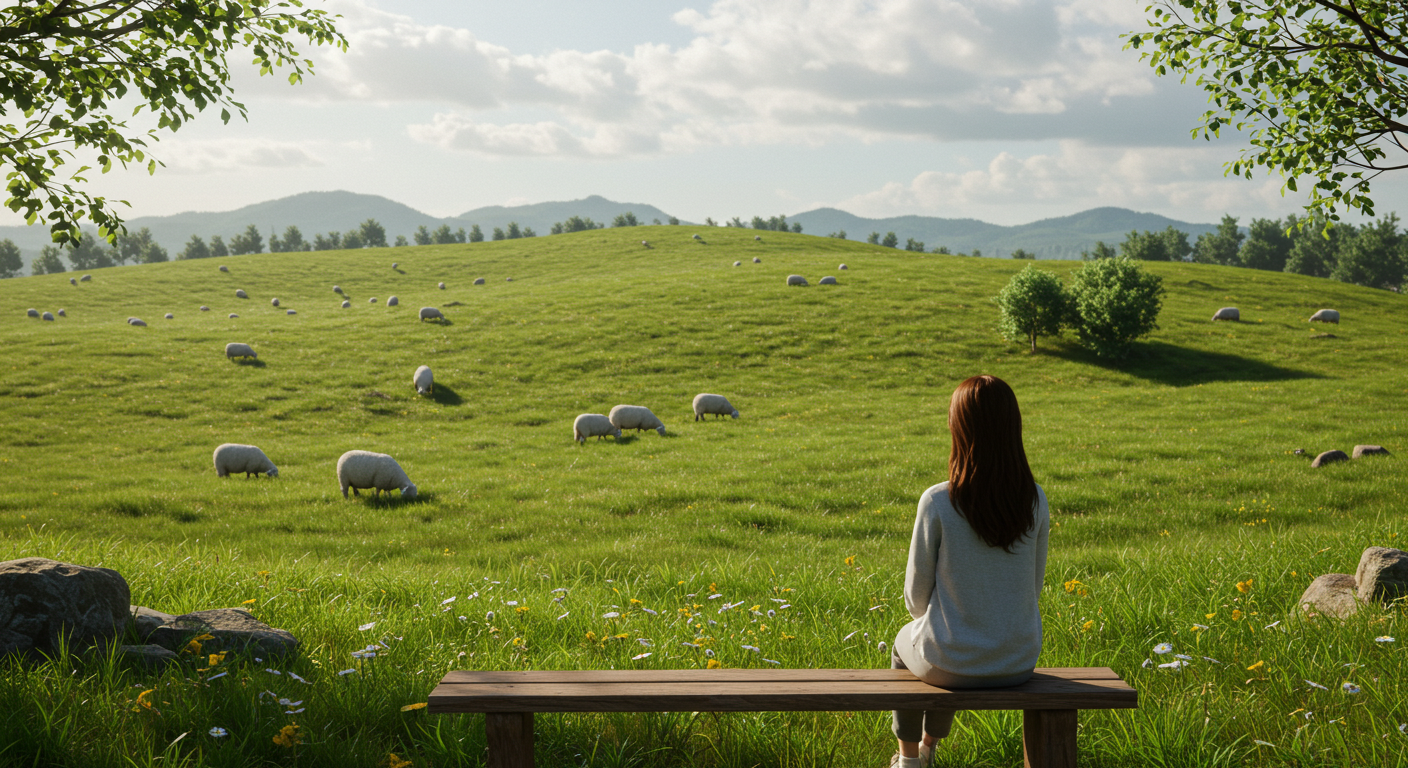 평창 대관령 양떼목장 초원에서 쉬는 한국 여성