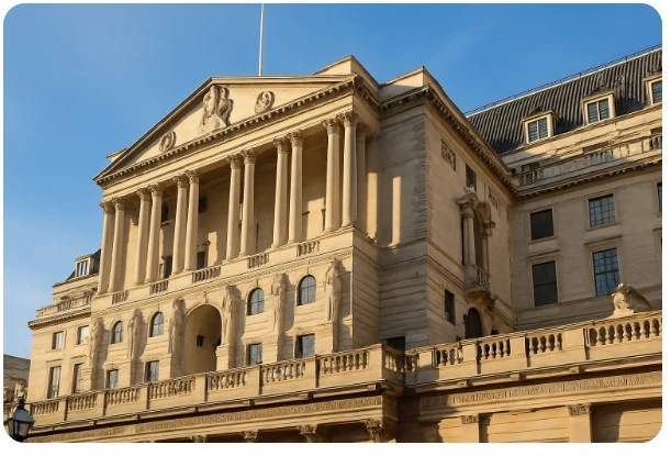 영란은행 건물 외관과 금융정책을 상징하는 장면