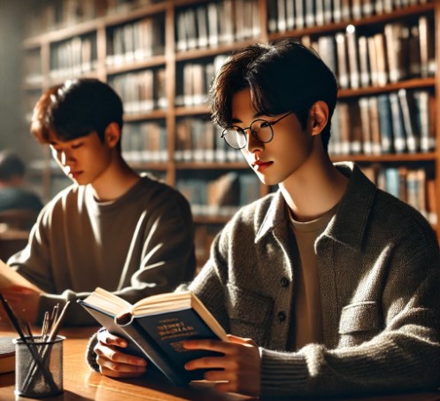 도서관에서 독서하는 대학생들 사진