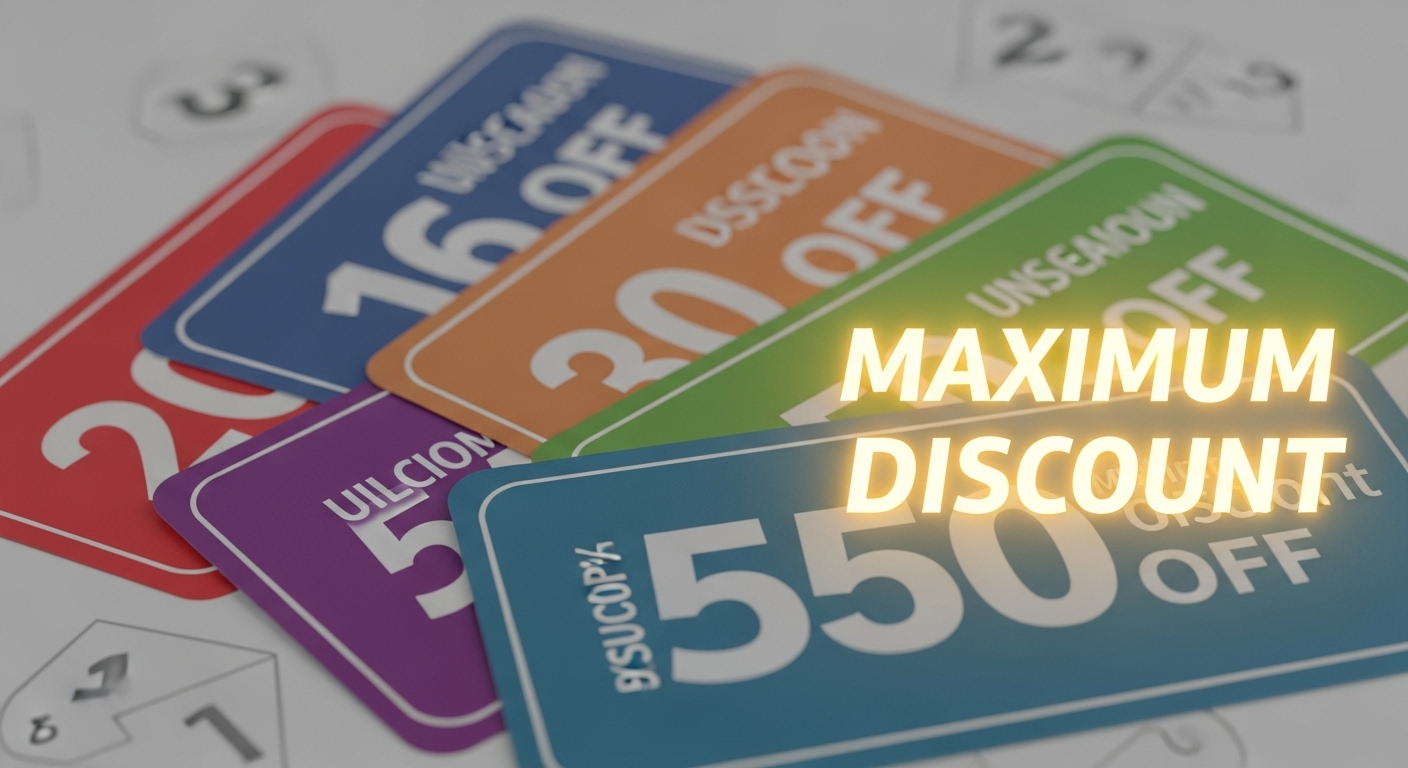 여러 장의 쿠폰이 겹쳐져 있고 그 위에 'Maximum Discount'가 표시된 이미지. 쿠폰 적용 순서를 강조