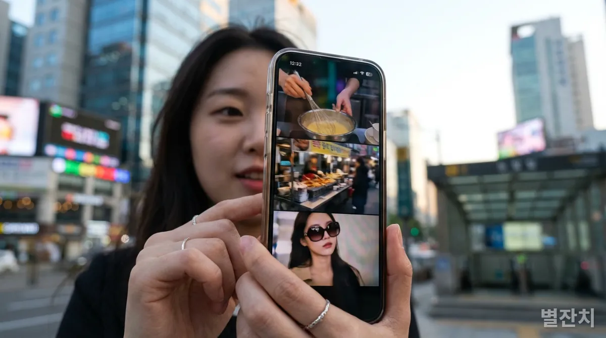 스마트폰으로 숏폼 콘텐츠를 빠르게 소비하는 한국 젊은 여성의 손과 얼굴