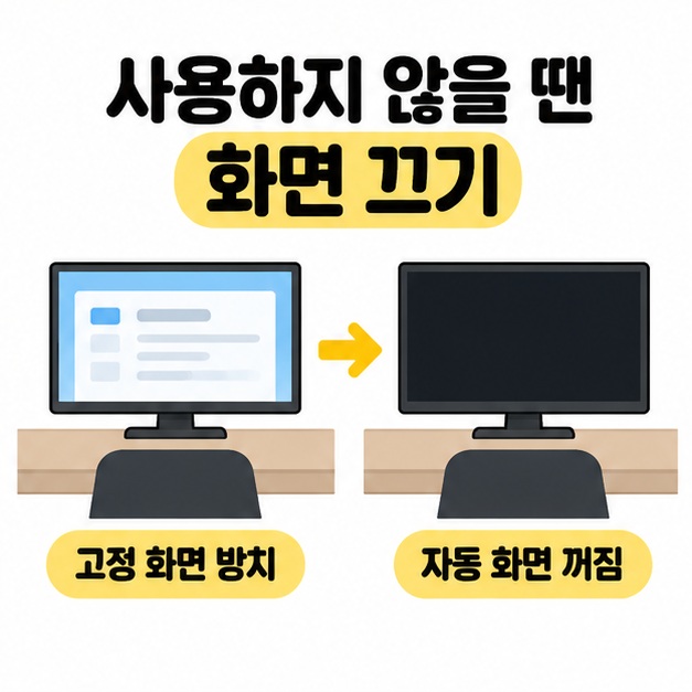 빈 의자가 놓인 책상에서 고정 창이 켜진 모니터가 자동 화면 꺼짐으로 검게 바뀌는 모습을 화살표로 연결한 그림
