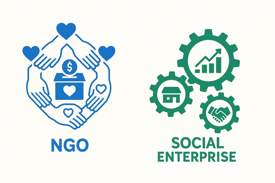NGO와 사회적기업의 조직 구조와 운영 방식을 비교한 인포그래픽 - 비영리단체와 사회적경제 조직의 핵심 차이를 시각적으로 표현