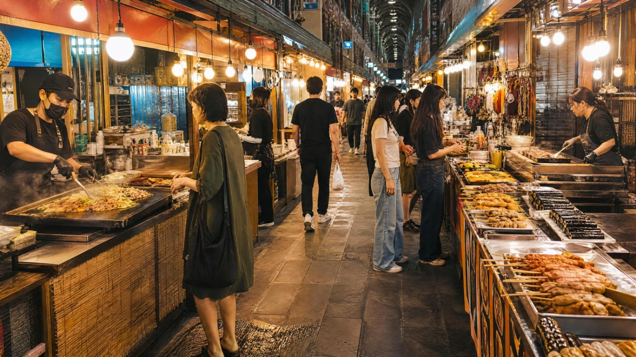전주 남부시장 야시장 먹거리 매대와 시장 통로
