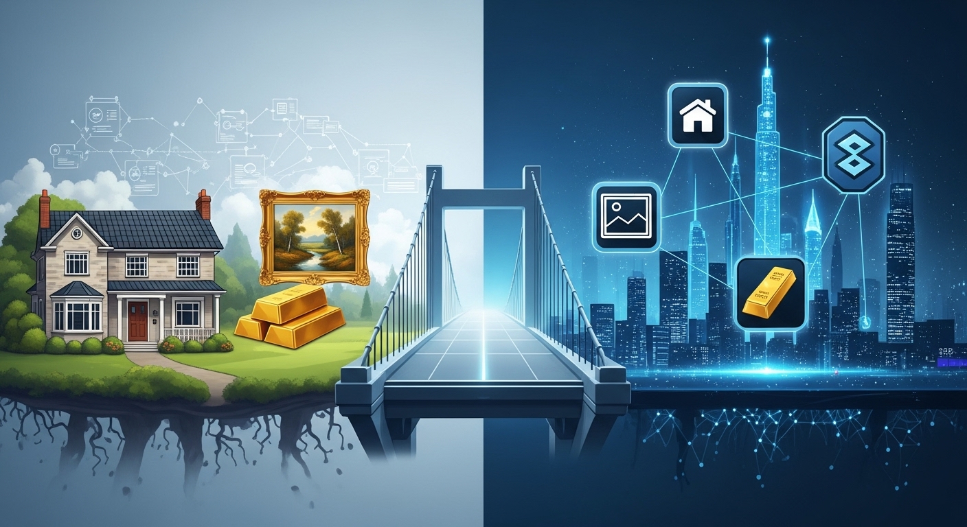 부동산, 미술품 등 실물 자산이 블록체인 기반의 STO 토큰으로 변환되는 다리 그림. 전통 자산과 디지털 자산의 연결을 상징한다.