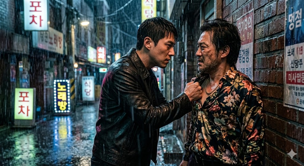 A tense confrontation between a charismatic detective and a pathetic-looking mafia boss, showing the unexpected synergy created by the clash of these two contrasting characters.