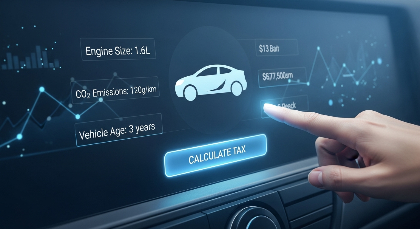 자동차세 계산기를 통해 차량 세금을 입력하고 계산하는 과정을 시각화한 디지털 화면. 계산 과정의 주요 단계가 명확하게 표시되어 있다.