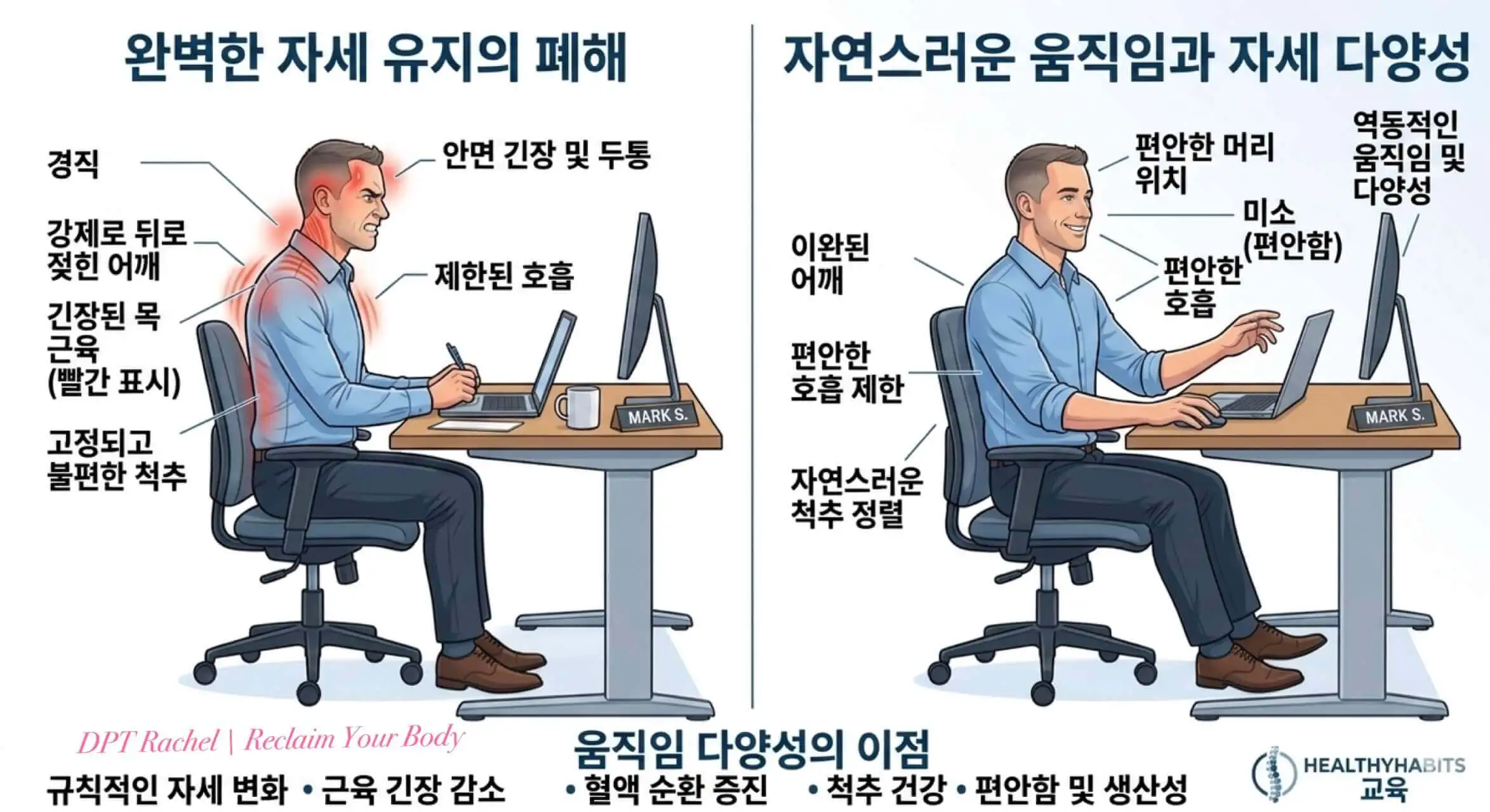 좋은 자세를 억지로 유지하는 모습과 자연스럽게 움직이는 자세를 비교한 인포그래픽