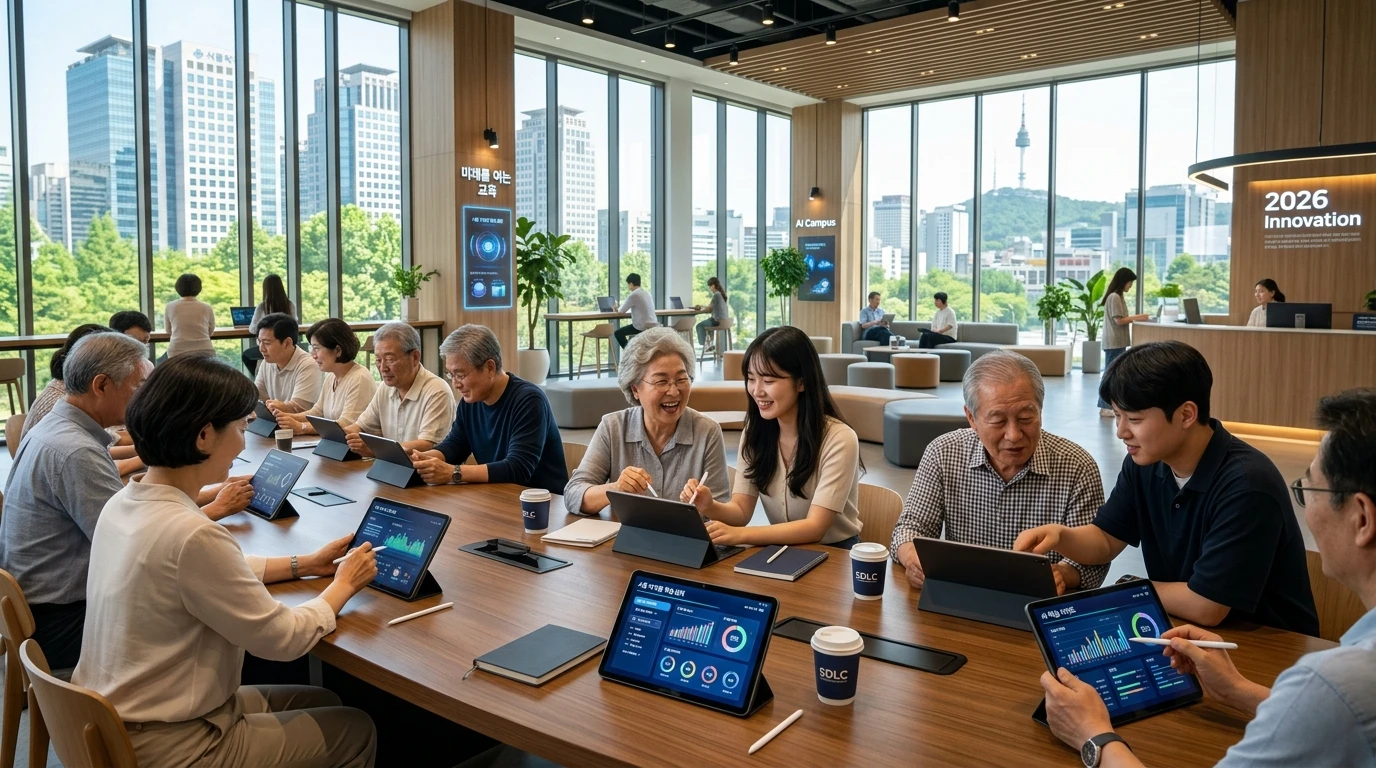 2026년 대한민국 현대적인 디지털 배움터에서 다양한 연령층이 AI 태블릿과 스마트폰 교육을 받는 모습