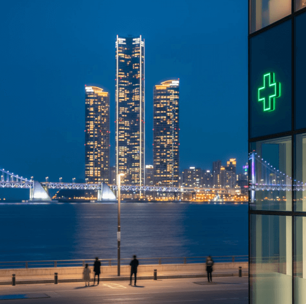 해운대 랜드마크 엘시티더샵 시그니엘을 배경으로 한 심야약국 사진