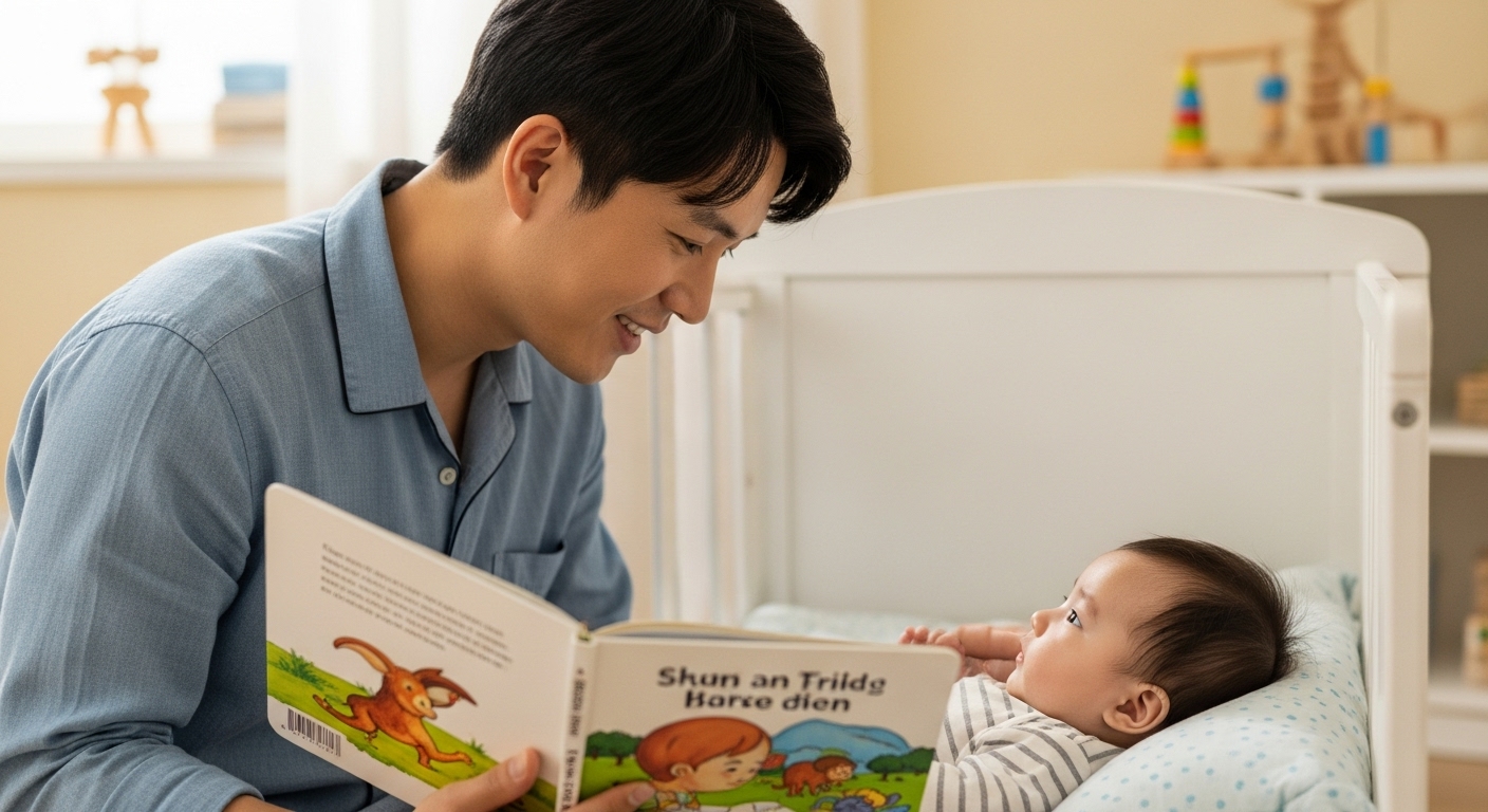 한국인 아빠가 5개월 된 아기에게 침대 옆에서 그림책을 읽어주며 수면 루틴을 만드는 모습.