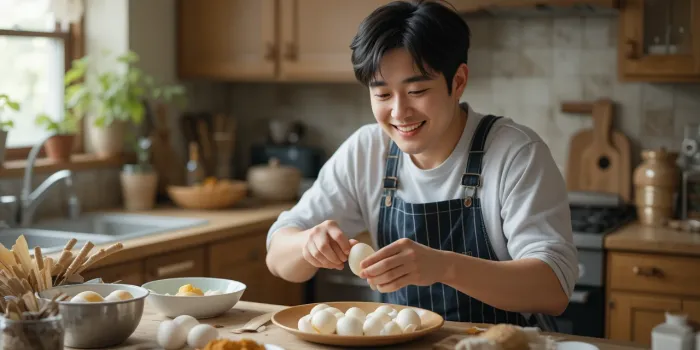 삶은 계란 준비 중인 남성