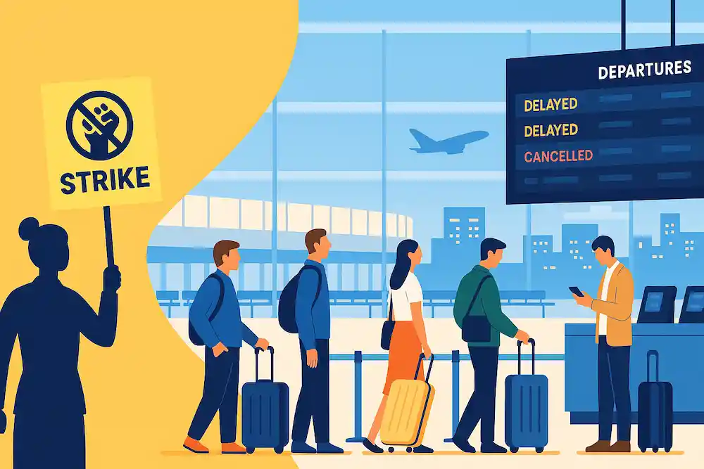 인천공항 출국장 전경: 전광판과 길게 늘어선 승객, 파업 피켓을 든 지상조업 인력이 보이는 &lsquo;인천공항 파업 대비 안내&rsquo; 배너
