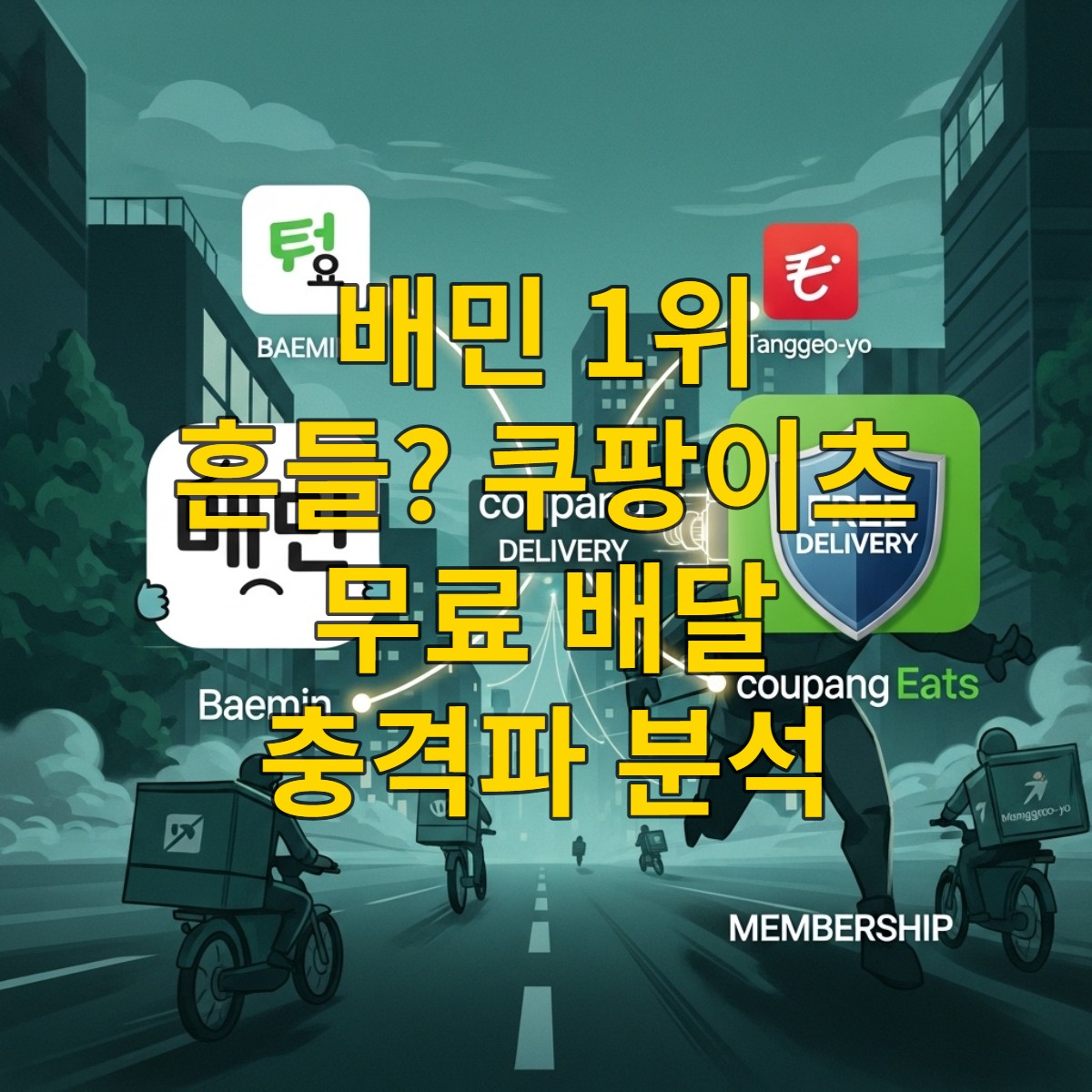 배달의민족과 쿠팡이츠의 치열한 경쟁 구도를 나타내는 이미지. 배민 로고는 수성하려는 듯 보이고, 쿠팡이츠 로고는 와우 멤버십 기반의 무료 배달로 빠르게 추격하는 모습, 뒤편에는 공공 배달앱 땡겨요가 조용히 성장하는 모습.