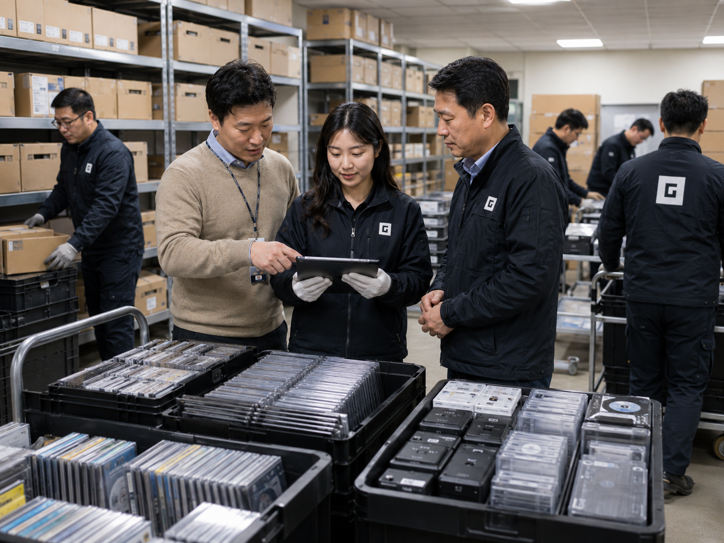 콜센터 DVD와 외장하드 보안파기 전 관리자 입회 아래 수량과 기록 필요 여부를 확인하는 장면