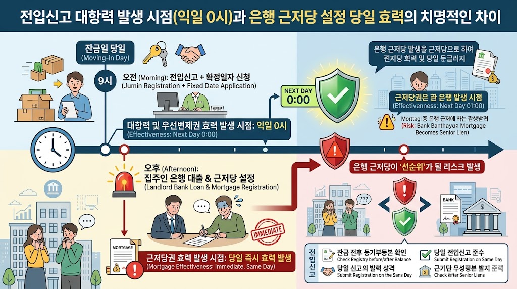 잔금일 당일 발생할 수 있는 대항력과 근저당의 효력 발생 시점을 직관적으로 비교한 타임라인 인포그래픽 이미지입니다. 오전 전입신고 시 '다음 날 0시 효력 발생'을 나타내는 시계 아이콘과, 오후 근저당 설정 시 '당일 즉시 효력 발생'을 나타내는 경고 아이콘이 화살표 축 위에 명확하게 대조되어 위험성을 시각적으로 경고합니다.
