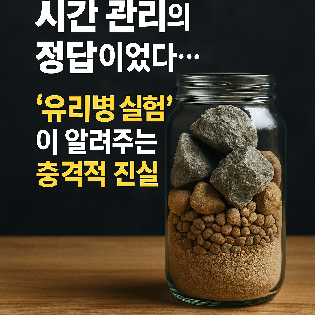 “유리병 속에 큰 돌, 자갈, 모래가 층을 이룬 모습 위에 ‘시간 관리의 정답이었다… 유리병 실험이 알려주는 충격적 진실’이라는 문구가 적힌 썸네일 이미지”