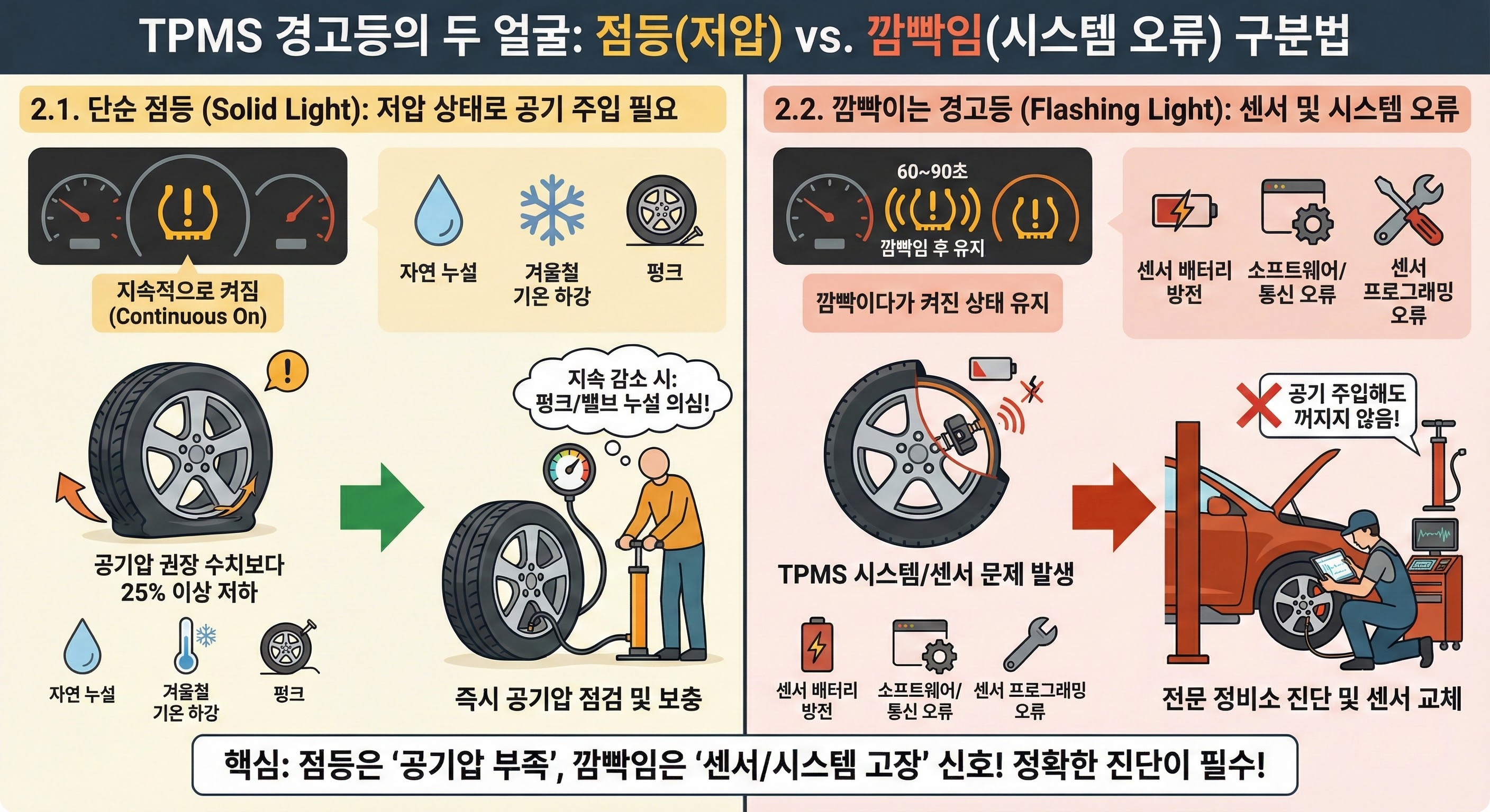 공기압 경고등의 두 얼굴: 점등(저압) vs. 깜빡임(시스템 오류) 구분법