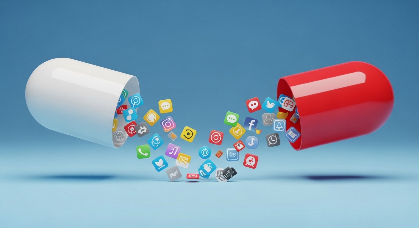 Graphic of a pill capsule opening in half, with smartphone app icons pouring out from inside.