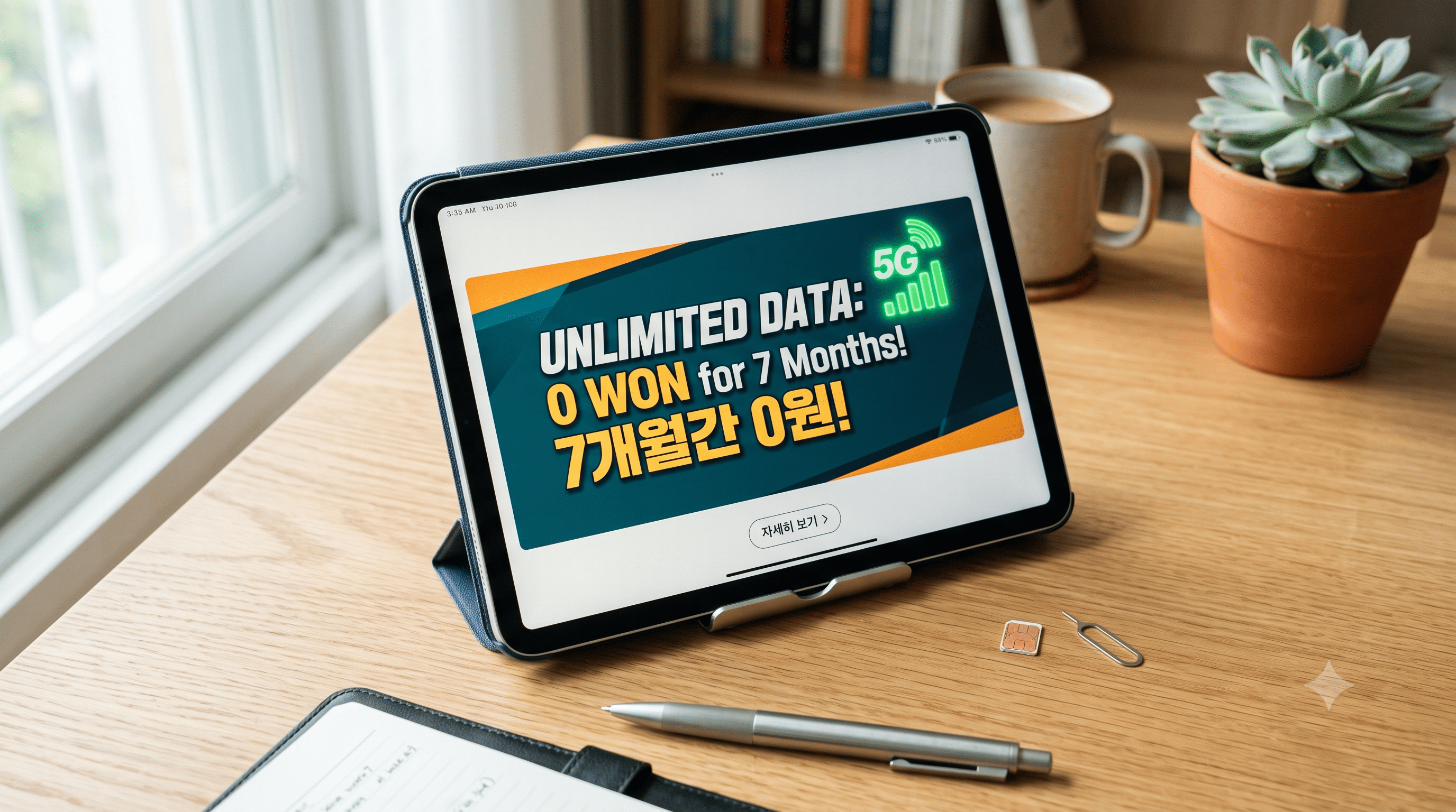 태블릿 화면에 7개월간 데이터 무제한 0원 프로모션 배너가 띄워져 있고 유심칩이 놓인 모습, 알뜰폰 프로모션 상징