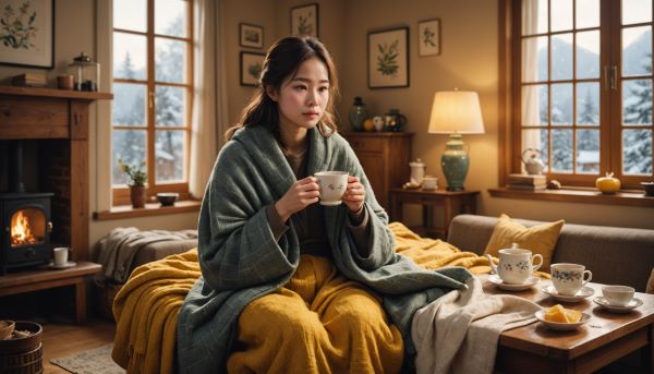 젊은 여성이 감기에 걸려 두꺼운 옷을 입고 따뜻한 유자차를 마시고 있다.